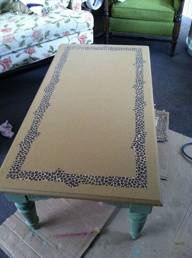 coffee table with animal print gold paint and diy chalk paint, chalk paint, painted furniture, 2 coats of satin poly