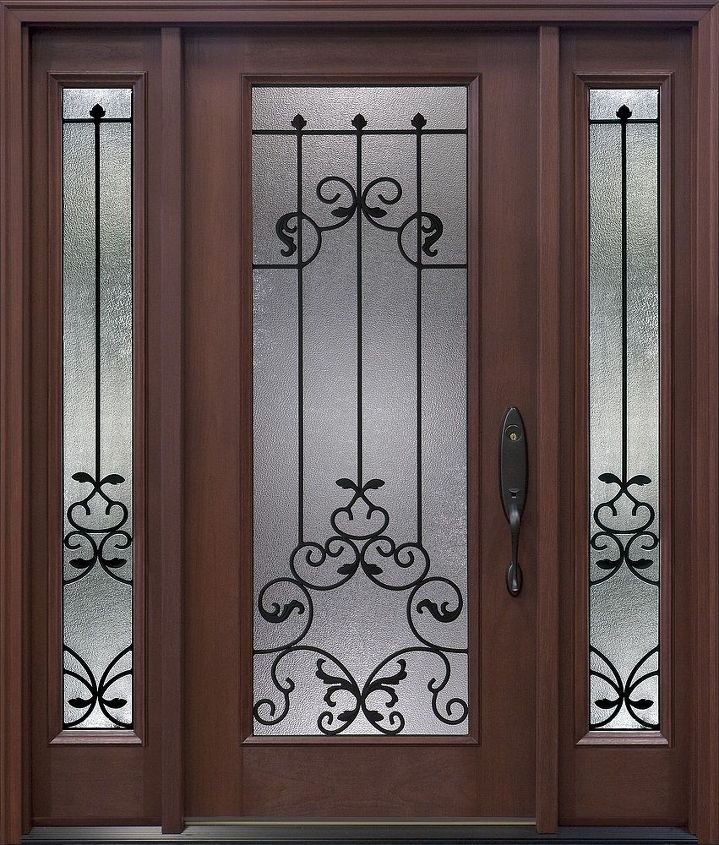 clopay fiberglass entry doors, Clopay Arbor Grove Collection Mahogany fiberglass entry door with Prescott decorative glass and sidelights