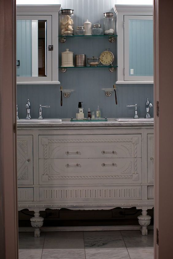 buffet to vanity, painted furniture, A lick of paint a custom marble top faucets and VOILA