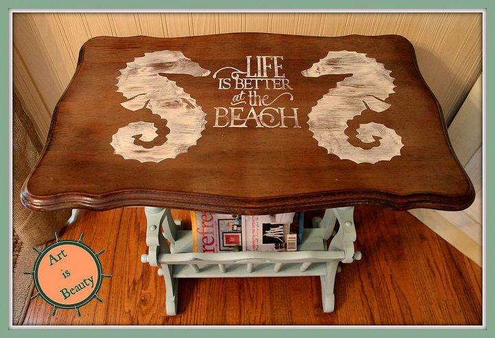 sea horse beachy magazine rack end table makeover, painted furniture, a BEACHY Life is better at the beach magazine rack end table