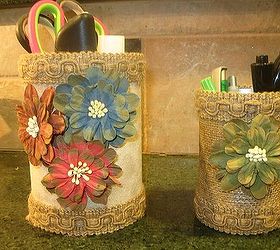 recycled vegetable can ice tea canister into desk organizers, crafts, decoupage, repurposing upcycling, Completed organizers