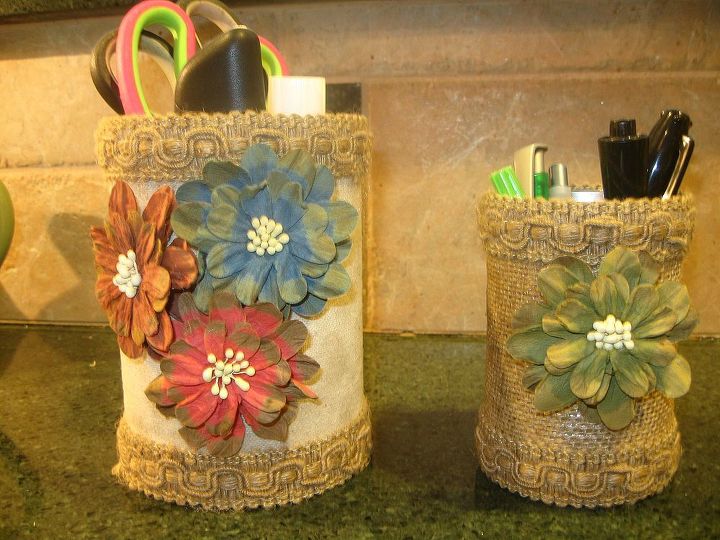 recycled vegetable can ice tea canister into desk organizers, crafts, decoupage, repurposing upcycling, Completed organizers