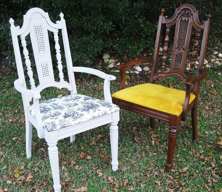 for the love of toile chair amp chandie makeover, chalk paint, painted furniture, Twin chairs demonstrating the before and after