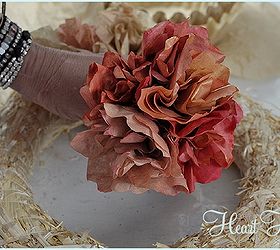 coffee filter fall wreath, crafts, repurposing upcycling, seasonal holiday decor, wreaths, Add a coffee filter watercolor flower here and there for visual interest The easy tutorial for the Coffee Filter Flower is on my blog All Things Heart and Home