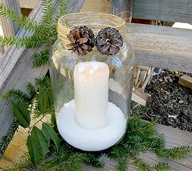 old pickle jars upcycled into pottery barn knockoffs, christmas decorations, repurposing upcycling, seasonal holiday decor, A short walk in the woods provided me with pine sprigs and holly leaves to place under and around the jars to add that little extra