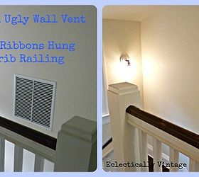 an old crib railing becomes a great place to display ribbons and hide an ugly wall, repurposing upcycling, wall decor, The before huge wall vent The after ribbon display that doesn t block the vent but hides it