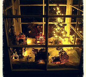mini greenhouse from old windows that changes with the seasons, Christmas Village at night