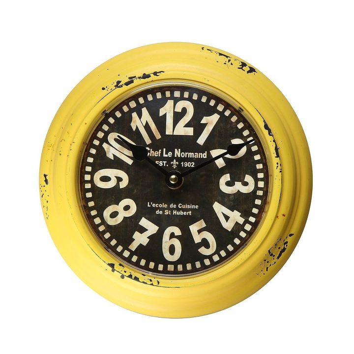 2014 color schemes purple yellow teal geometric and floral designs, bedroom ideas, home decor, Yellow is a great color in 2014 This rustic clock says it all Sharp bright yellow contrasted with a distressed look all about contrasts