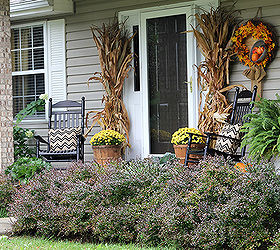 fun and festive fall porch, curb appeal, gardening, outdoor living, seasonal holiday decor, wreaths, Traditional cornstalks and mums were the basis for my porch decor this year