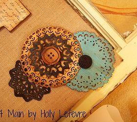 monogrammed burlap canvas, crafts, decoupage, Layering the wood doilies adds interest