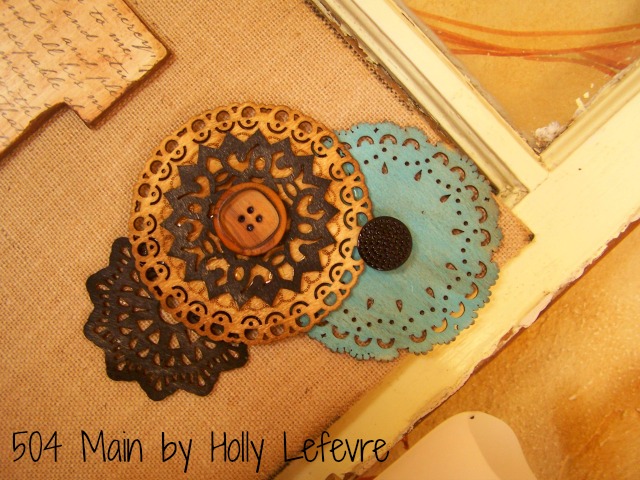 monogrammed burlap canvas, crafts, decoupage, Layering the wood doilies adds interest