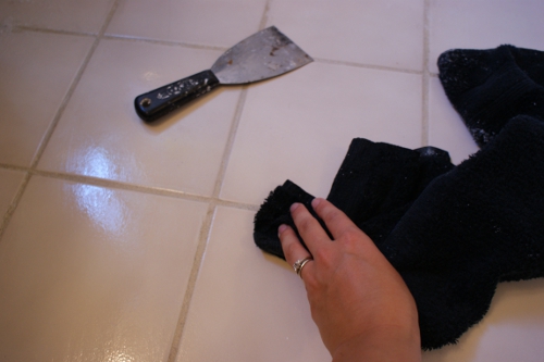 removing dried on grout and refreshing grout lines, cleaning tips, home maintenance repairs, tiling, Then I easily removed the dried grout by wiping with a towel A few tougher spots required the putty knife