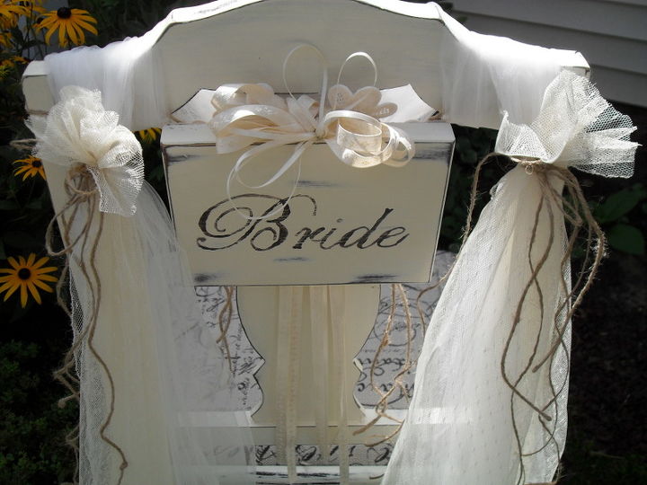 the brides chair a keepsake for my daughter, painted furniture, I used a wood block for the sign painted on the word and adorned it with ribbons from my wedding bouquet lace from my veil and some twine