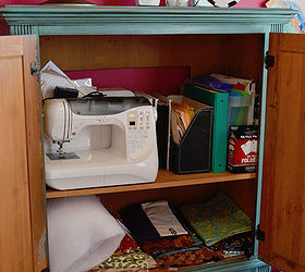 a bright and bold multi use craft room, craft rooms, Using an old TV armoire provides extra storage for Sewing supplies