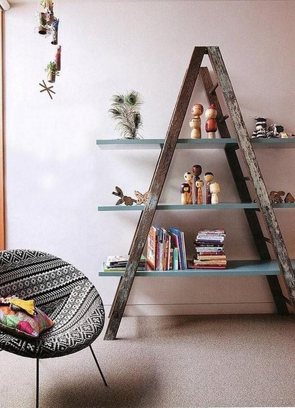 diy ladder project ideas, repurposing upcycling, shelving ideas, storage ideas, The shabby look of your old ladder can be a major plus Just sand it a little to remove the old finish and add a new coating Simple yet stylsh this raw look will look splendid in a rustic shabby chick of contemporary surrounding