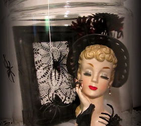 halloween head vase vignette the black widow, crafts, halloween decorations, repurposing upcycling, seasonal holiday decor, Halloween Display The Black Widow