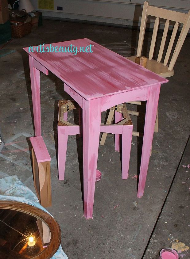 outdated vanity turned asian inspired beauty, home decor, painted furniture, Getting a couple coats of Pink Lady Slipper
