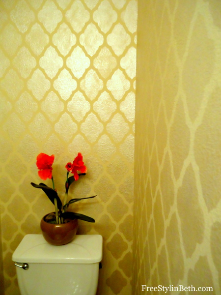 diy stencil projects, A beautiful powder room created by the Free Stylin blog and our large Marrakesh Trellis stencil