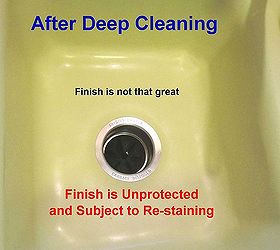 removing kitchen sink stains preventing them from coming back, After Deep Cleaning The stains were removed but the sink finish has been through many years of abuse so it doesn t look that great Worst of all at this moment it is unprotected and could be immediately re stained