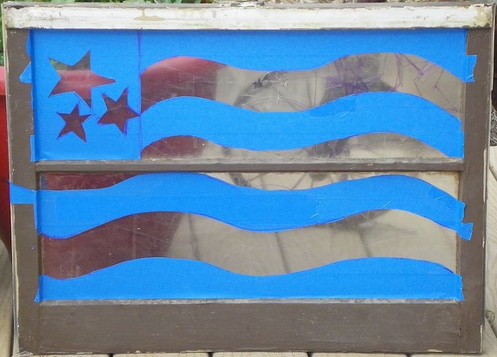 forth of july decoration from an old window, outdoor living, patriotic decor ideas, repurposing upcycling, seasonal holiday decor, By taping this off and drawing my design on the tape I was really to paint