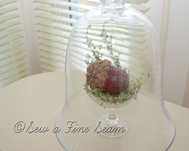 decorating with sticks and leaves, flowers, gardening, home decor, hydrangea, Faux acorn under cloche
