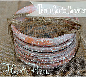 easy diy terra cotta coasters, crafts, decoupage, Faux Aged Terra Cotta saucers with a bit of burlap ribbon make adorable coasters I used burlap ribbon from Hobby Lobby that looks stenciled but any fabric you like would work