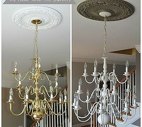 the secret to a gorgeous chandelier without buying a new one, lighting, painting, The Gold Before and The Spray Painted After