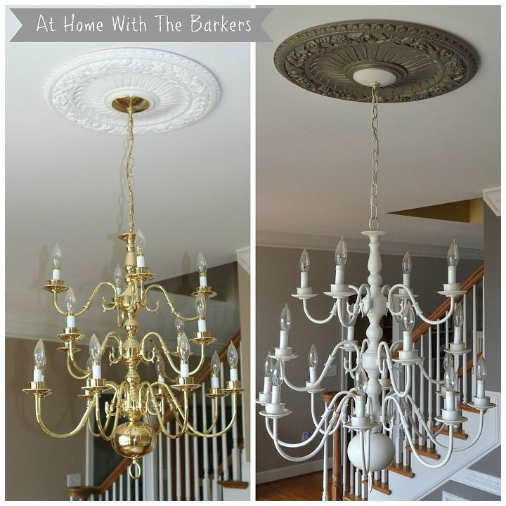 the secret to a gorgeous chandelier without buying a new one, lighting, painting, The Gold Before and The Spray Painted After