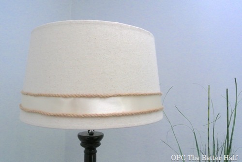 plain turned fabulous lampshade in 3 easy steps, crafts, painting, The final product a simple shade covered in fabric then wrapped in ribbon and rope