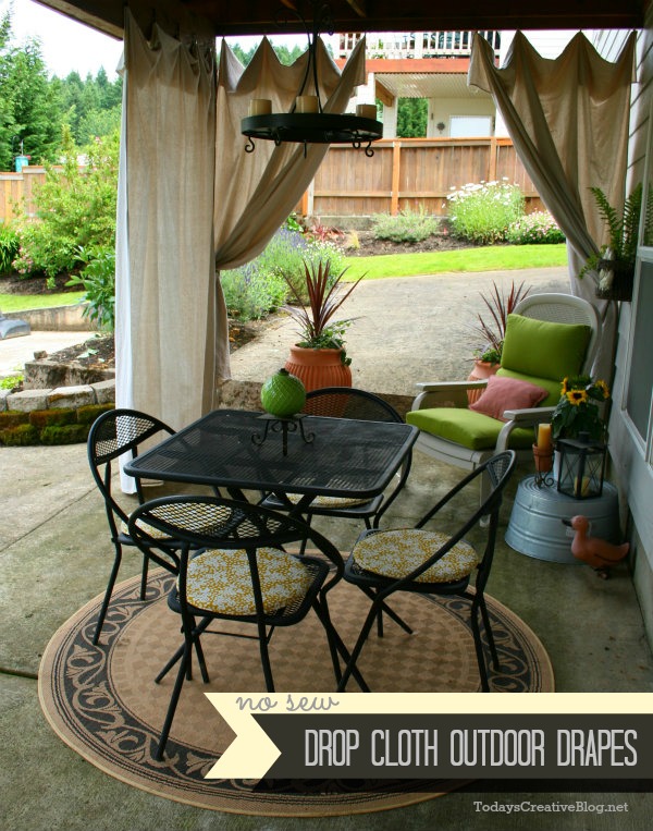 drop cloth outdoor curtains, decks, outdoor living, patio, reupholster, window treatments