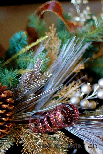 first christmas vignette 2012, christmas decorations, seasonal holiday decor, Marg mentioned the colors as blue and silver I ve added closeup photos that show the true colors of copper and champagne picks with greenery and coppery ribbon