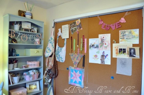 craft room reveal, craft rooms, We covered the closet doors with cork board to make a BIG Inspiration board Inside the closet is shelving for even more storage