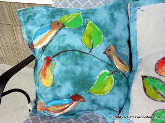 hand painted songbird pillow topper tutorial, crafts, home decor, This close up of one of the songbird pillow toppers shows how great an easy paint project can turn out