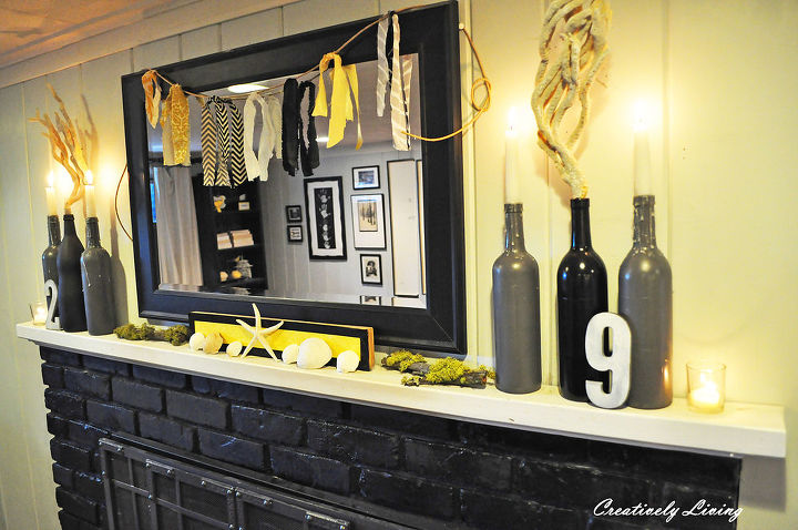 my summer mantel, electrical, fireplaces mantels, home decor, living room ideas, I used painted wine bottles and wood numbers from Hobby Lobby