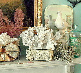 summer mantle, home decor, Coral shells and architectural salvage and other vintage finds come together to create a beautiful Summer Mantle Scape
