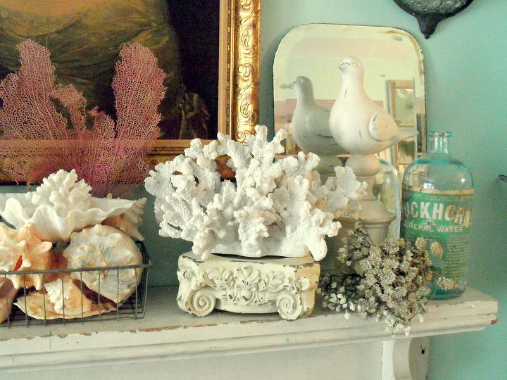 summer mantle, home decor, Coral shells and architectural salvage and other vintage finds come together to create a beautiful Summer Mantle Scape