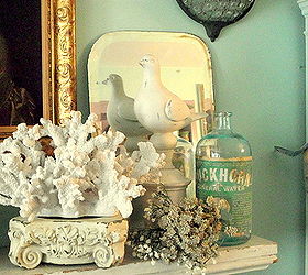 summer mantle, home decor, An antique salvaged mirror adds a touch of dimension and sparkle to the arrangement