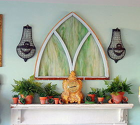 spring fern mantlescape, fireplaces mantels, home decor, Antique stained glass stands in as art over the mantel