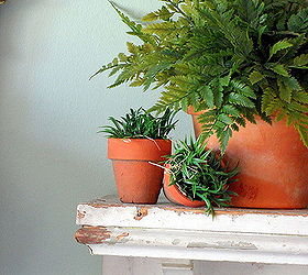 spring fern mantlescape, fireplaces mantels, home decor, Ferns in terra cotta pots make a real statement when grouped across the entire mantel