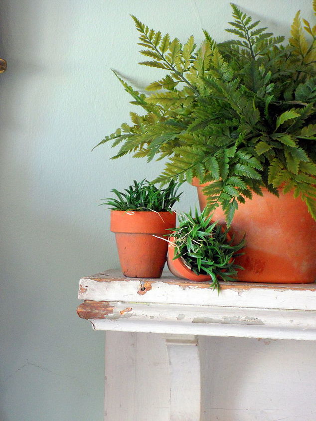spring fern mantlescape, fireplaces mantels, home decor, Ferns in terra cotta pots make a real statement when grouped across the entire mantel
