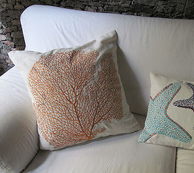 coastal themed throw pillows, crafts, home decor, Coral fan embroidered pillow in orange and off white