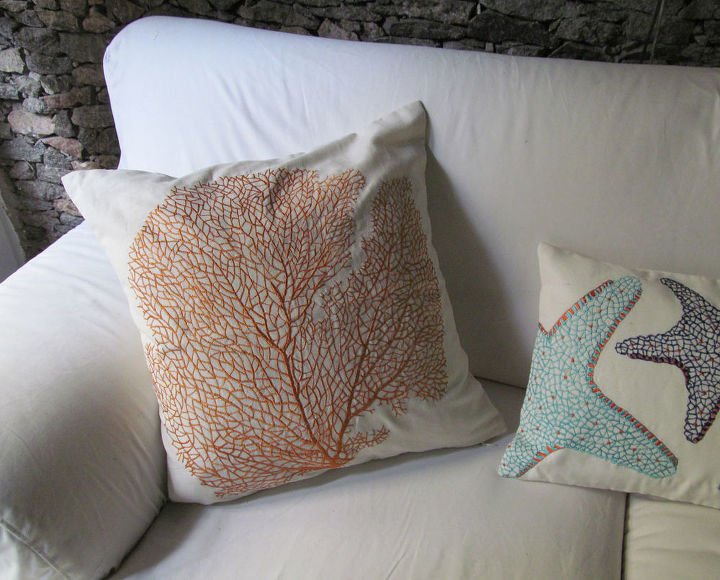 coastal themed throw pillows, crafts, home decor, Coral fan embroidered pillow in orange and off white