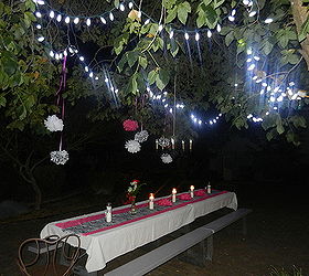 zebra and pink courtyard table scape for sweet 16 party, home decor, outdoor living, White LED Christmas lights were hung in the tree to add light and ambience