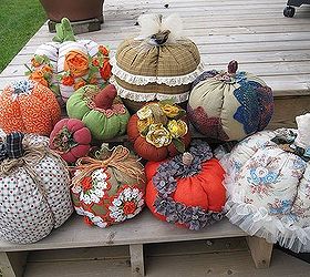 falling for pumpkins and sunflowers, curb appeal, gardening, outdoor living, repurposing upcycling, seasonal holiday decor, Some of the pumpkins I made with leftover fabric using doilies ribbon roses lace trim and whatever else I could get my hands on for embellishments