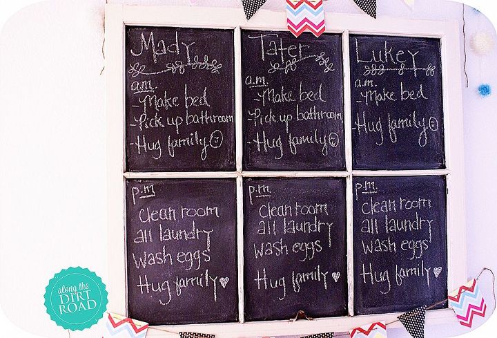 diy chalkboard chart yes i m crazy about chalkboards, chalkboard paint, crafts, repurposing upcycling, windows, Then we added a little love under the chores