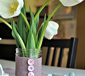 mason jar vase with fabric flowers, crafts, mason jars, Running out of time Use buttons instead and suddenly your jar is wearing a sweater Kind of Still cute