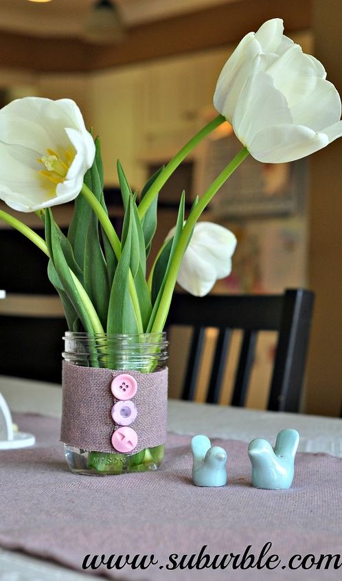 mason jar vase with fabric flowers, crafts, mason jars, Running out of time Use buttons instead and suddenly your jar is wearing a sweater Kind of Still cute