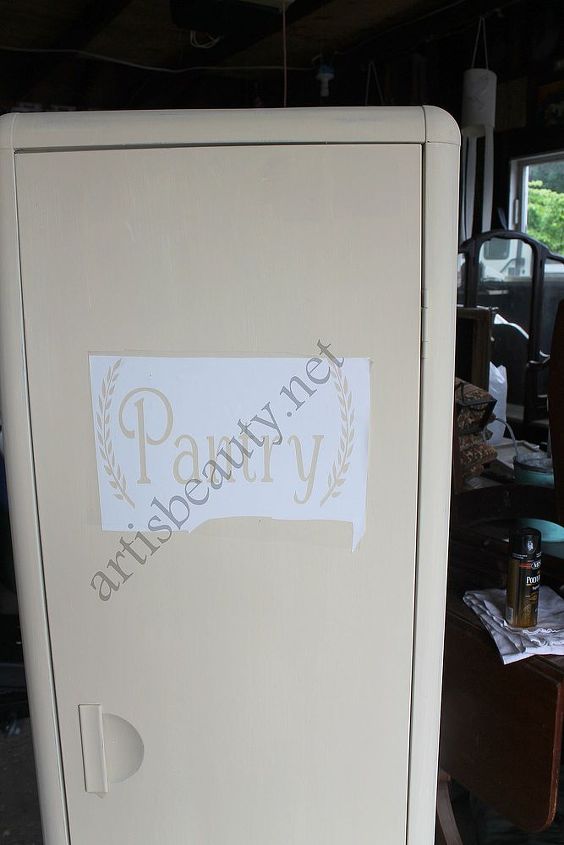 old tired free locker turned into a vintage inspired pantry, cleaning tips, closet, home decor, kitchen design, painted furniture, repurposing upcycling, transferring my stencil and getting ready to paint