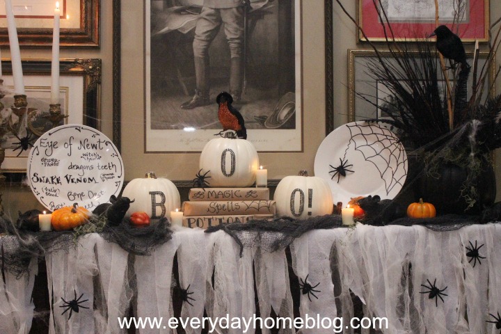 my creepy well not really halloween mantel, halloween decorations, seasonal holiday d cor, In the coming days I will show you how I created this No Sew Gauzy Mantel Scarf and the handmade plates