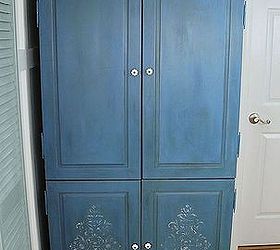 stenciled blue armoire w 3 color technique annie sloan chalk paint, chalk paint, painted furniture, I had originally planned to stencil the top as well but decided against it Full view finished with 3 color process